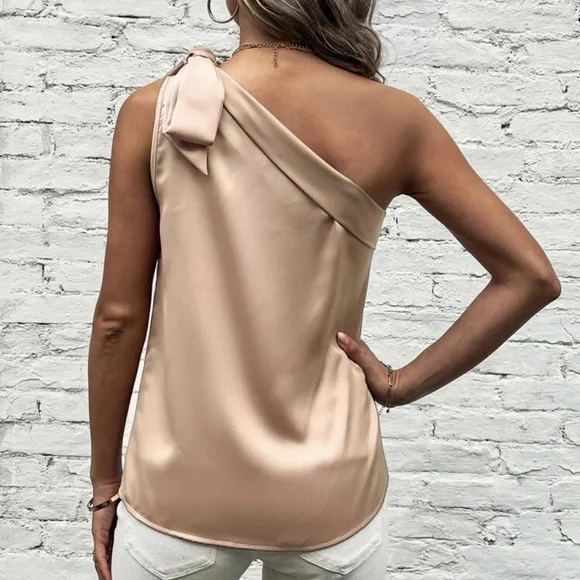 Satin silky one shoulder bow blouse tank top light pink - Picture 10 of 11